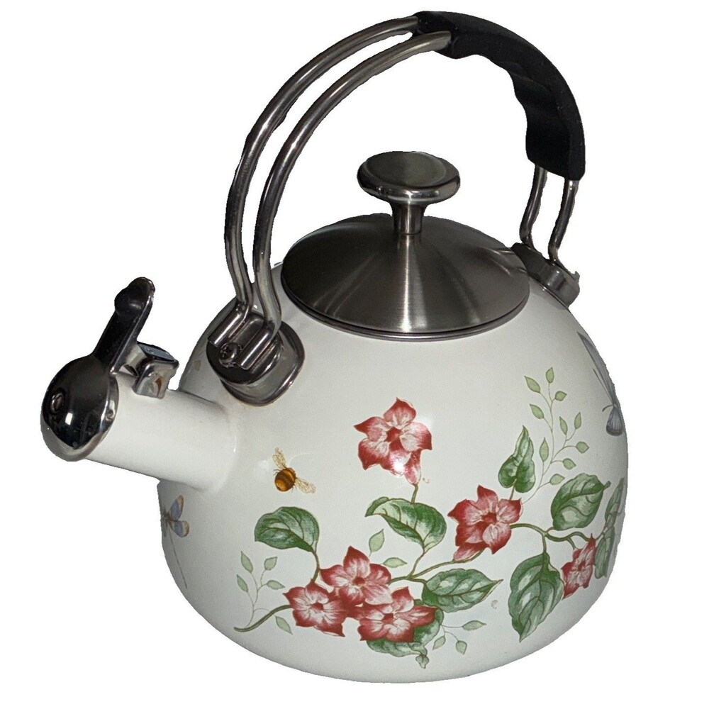 Lenox Butterfly Meadow Whistling Stove Top Tea Kettle Enamel Floral White EUC